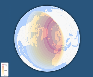 σφαιρικός γεωγραφικός χάρτης ορατότητας γιά την ηλιακή έκλειψη του Αυγούστου 2024