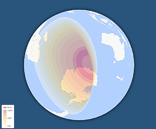 σφαιρικός γεωγραφικός χάρτης ορατότητας γιά την ηλιακή έκλείψη του Φεβρουαρίου 2026