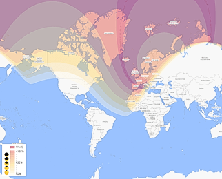 γεωγραφικός χάρτης ορατότητας γιά την ηλιακή έκλειψη του Αυγούστου 2024