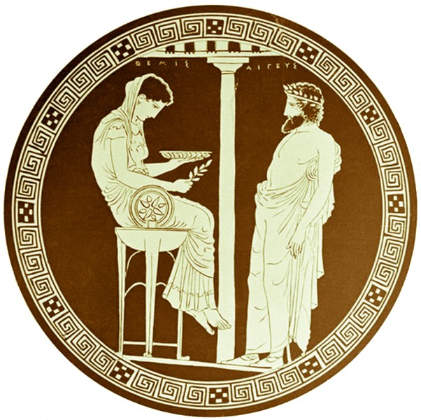 Ὁ &Alpha;ἰ&gamma;&epsilon;ὺ&sigmaf; &sigma;&upsilon;&mu;&beta;&omicron;&upsilon;&lambda;&epsilon;ύ&epsilon;&tau;&alpha;&iota; &tau;ὴ&nu; &Theta;έ&mu;&iota;&delta;&alpha; ἐ&pi;ὶ &Delta;&epsilon;&lambda;&phi;&iota;&kappa;&omicron;ῦ &tau;&rho;ί&pi;&omicron;&delta;&omicron;&sigmaf;